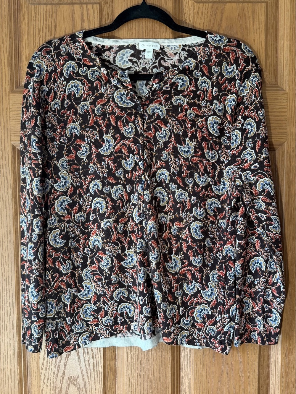 Garnet Hill Black Floral Button-Front Blouse with Blue and Rust Accents